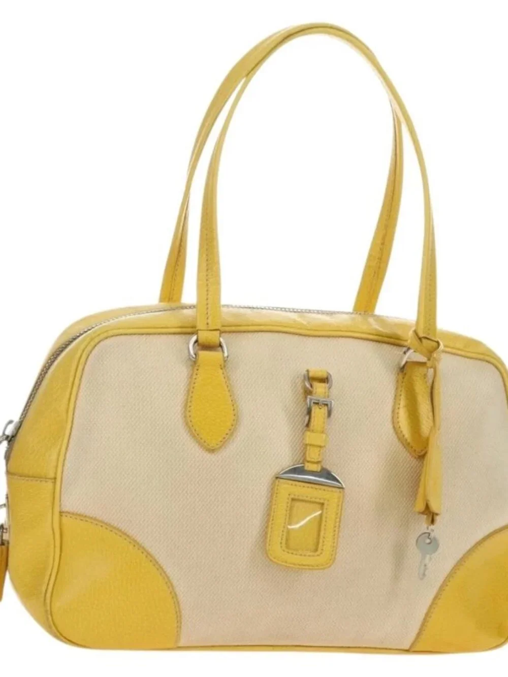 PRADA Hand Bag Canvas Leather Beige Yellow Silver Auth
